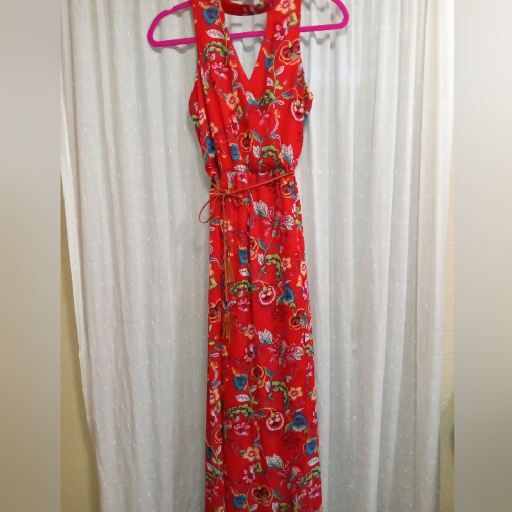 By&by Red Maxi Beach Dress Hi Lo Floral Red Belted Waist Small